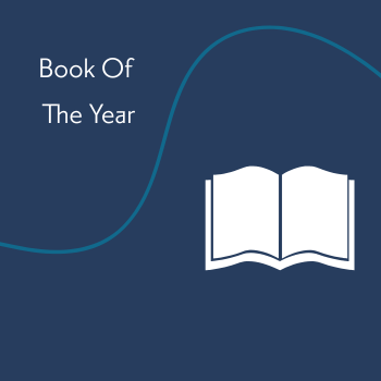 blue background with white book open. Text reads "Book of the year"