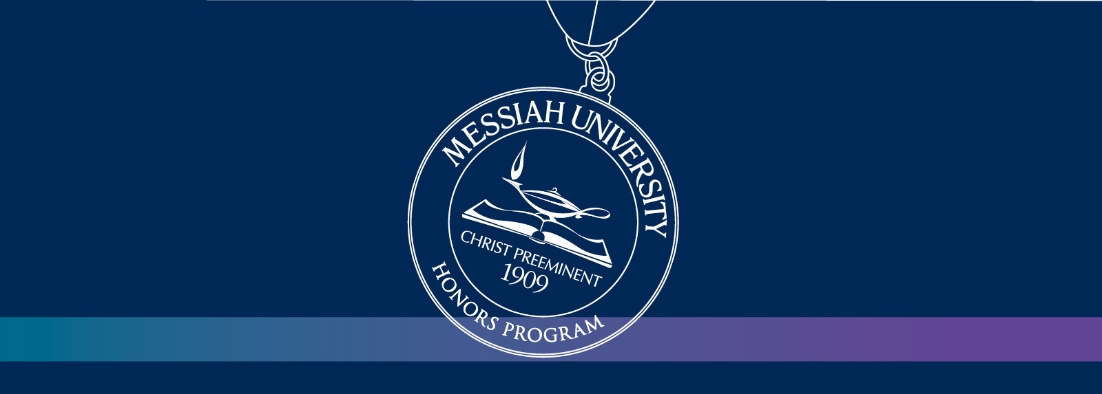 Blue Banner that says Messiah University Honors Program and has the graduation medal on it